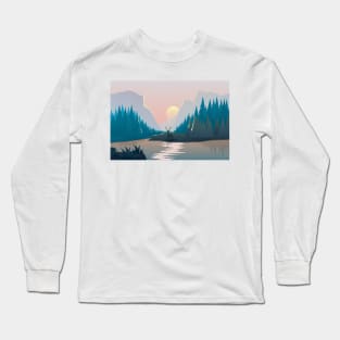 Landscape illustration with a deer, river, spruce forest and mountains at sunset Long Sleeve T-Shirt